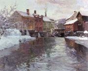 Frits Thaulow snow covered buildings by a river Spain oil painting artist